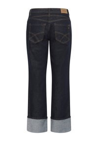 Temno modre denim hlače z ravnim krojem. Imajo zavihane hlačnice, zadnje žepe z detajli šivov ter rjavo znamko na pasu.