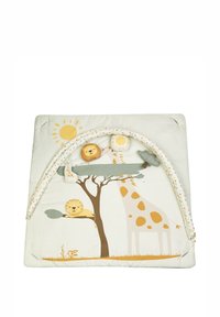 Play mat with a soft, light fabric featuring a giraffe and lion design in yellow, brown, and green, complemented by arched activity bars.