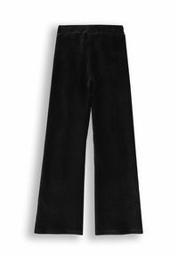 Czarne spodnie z szerokimi nogawkami z korduroju, z elastycznym paskiem w talii, wyróżniające się pionowym prążkowanym teksturem i bez widocznych kieszeni lub zapięć.