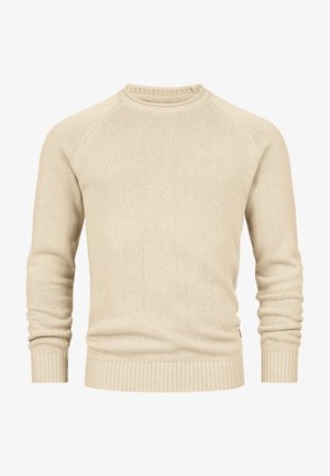 Cremfarbener Strickpullover mit langen Ärmeln, rundem Ausschnitt, gerippten Bündchen und Saum, der eine glatte Textur und ein dezentes Muster aufweist.