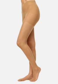 Tights translúcidos color bronce con una textura suave. Tienen una cintura alta y una puntera reforzada, lo que mejora la comodidad y la durabilidad.
