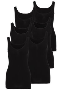 Juodos liemenės, šešių paketų raumenys, su apvaliu iškirpimu, minkšta medžiaga ir prigludusi konstrukcija be dekoracijų.