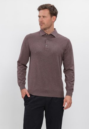 Man draagt een bruin poloshirt met lange mouwen en een donkere broek, staat met één hand in zijn zak en kijkt opzij tegen een effen achtergrond.