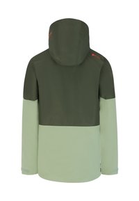Grüne und hellgrüne Jacke mit Kapuze, die ein texturiertes Design, kontrastierende Farben und verstellbare Bündchen aufweist. Reflektierende Logopakete sind vorhanden.