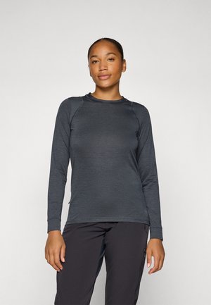Long-sleeve athletic top in dark grey, made from lightweight fabric with a smooth texture, featuring a crew neck and subtle stitching details.