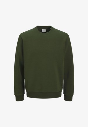 Tamnozeleni dukserica s dugim rukavima i okruglim izrezom, s rebrastim manžetama i rubom, s ravnom prednjom stranom, prikazana na bijeloj pozadini.