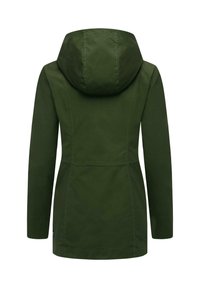Jachetă verde cu glugă, cu croială dreaptă, având o textură de țesătură netedă și fără accesorii vizibile, prezentată din spate.