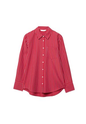 Red long-sleeve button-up shirt with white vertical stripes and a chest pocket, laid flat against a white background.