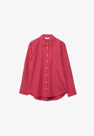 Red long-sleeve button-up shirt with white vertical stripes and a chest pocket, laid flat against a white background.