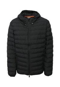 Giacca a vento nera imbottita con cappuccio, caratterizzata da sezioni orizzontali trapuntate, una cerniera frontale e regolazioni con coulisse su cappuccio e orlo.