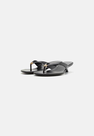 Black flip-flops with a thin design, smooth leather straps, and a small metallic accent on the upper. Flat sole with a slight heel.