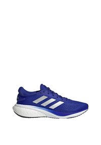 Blue athletic shoe with a breathable mesh upper, white textured midsole, and three silver stripes on the side. Lightweight design, sleek shape.