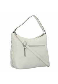 Sac à bandoulière blanc avec des accents tressés sur les côtés, texture en cuir lisse, sangle réglable et poche zippée à l'avant pour plus de commodité.