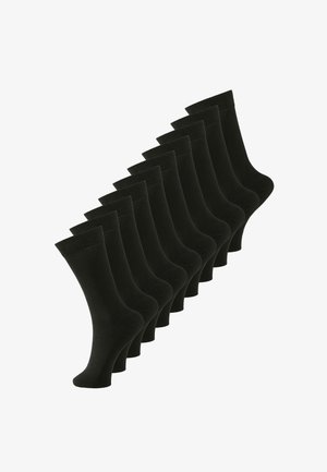 Black cotton socks arranged in a staggered formation, featuring a smooth texture and medium ribbed cuff design. Pack of ten pairs.