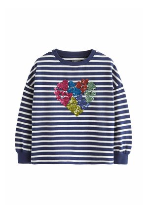 Navy- und weiß gestreifter Sweatshirt mit langen Ärmeln, das ein mehrfarbiges Paillettenherzdesign in der Mitte zeigt. Hergestellt aus weichem Stoff.