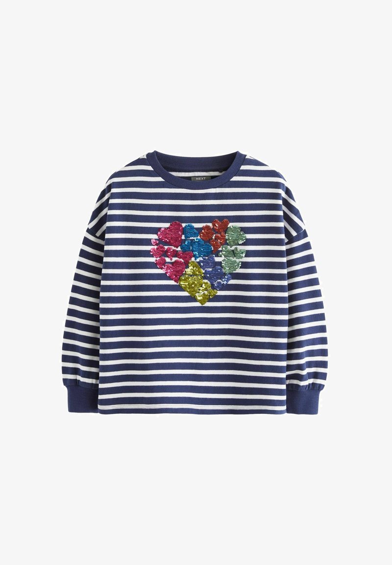 Pulover s dolgimi rokavi v mornarsko modri in beli progi, s pisanimi bleščicami oblikovanim srcem na sredini. Narejen iz mehke tkanine.