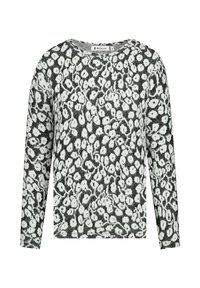 Langärmliger schwarz-weißer Strickpullover mit Leopardenmuster, Rundhalsausschnitt und kleinem Markenetikett im Kragen.