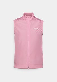 Chaleco de ciclismo rosa sin mangas con cremallera frontal y cuello alto, que presenta el logo blanco "Rapha" en el pecho.