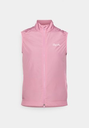 Ärmlös rosa cykelväst med framdragkedja och hög krage, med vit "Rapha"-logotyp på bröstet.