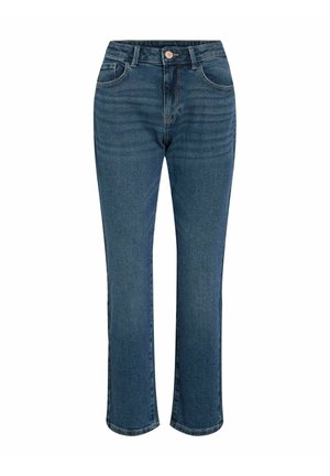 Donkerblauwe denim jeans met een rechte pijpdesign, voorzien van een voorste knoopsluiting, riemlussen en vijf zakken. Klassieke stikdetails.