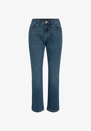 Mørkeblå denim jeans med lige ben-design, der har en frontlukning med knap, bæltestropper og fem lommer. Klassisk syning detalje.