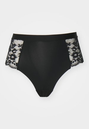 Črne visoke spodnjice z cvetličnim čipkastim robom. Imajo gladek pas in mešanico neprozornih in polprozornih materialov.