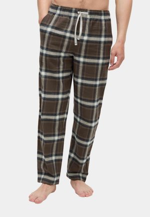 Pantalones de pijama de cuadros marrones con cintura de cordón, con grandes estampados de cuadros en blanco y negro, hechos de un tejido suave.