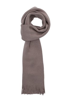 Taupe'owy, dziany szalik z frędzlami na końcach, miękka tekstura, prostokątny kształt i gładkie wykończenie, z prostym, jednokolorowym wzorem.