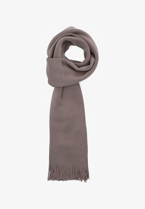 Taupe'owy, dziany szalik z frędzlami na końcach, miękka tekstura, prostokątny kształt i gładkie wykończenie, z prostym, jednokolorowym wzorem.