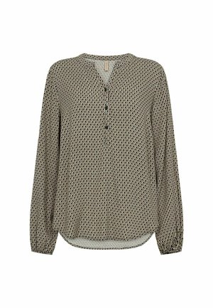 Langärmlige Bluse in Creme mit schwarzem geometrischem Muster, mit V-Ausschnitt, drei Knöpfen und elastischen Bündchen. Weiches, leichtes Material.
