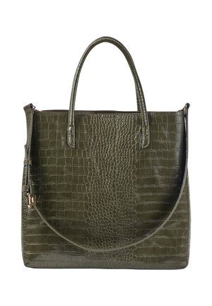Dunkelgrüne, strukturierte Tragetasche mit krokodilgeprägter Textur, doppelten Tragegriffen oben und verstellbarem Schulterriemen.