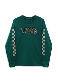 Dunkelgrünes Langarmshirt mit Vans-Logo im Blumenmuster auf der Brust und einem beigen Karostreifen an beiden Ärmeln.