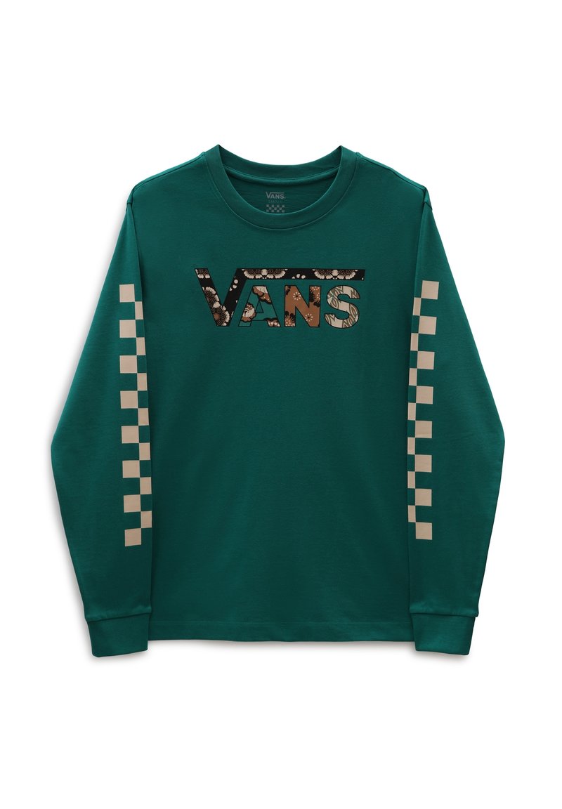 Dunkelgrünes Langarmshirt mit Vans-Logo im Blumenmuster auf der Brust und einem beigen Karostreifen an beiden Ärmeln.