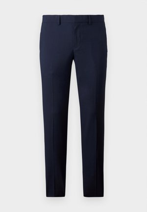 Navy blue tailored trousers featuring a slim fit, straight legs, smooth texture, and belt loops, suitable for formal or business wear.