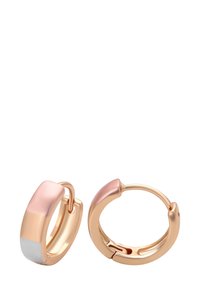 Rosaguld hoops med glat, poleret overflade. Én har en lys pink og hvid emalje accent. Rundt design, mellemstørrelse.