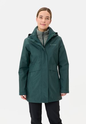 Dark green waterproof jacket with a hood, featuring a front zipper, two large pockets, and a gray inner lining. Logo on the chest.