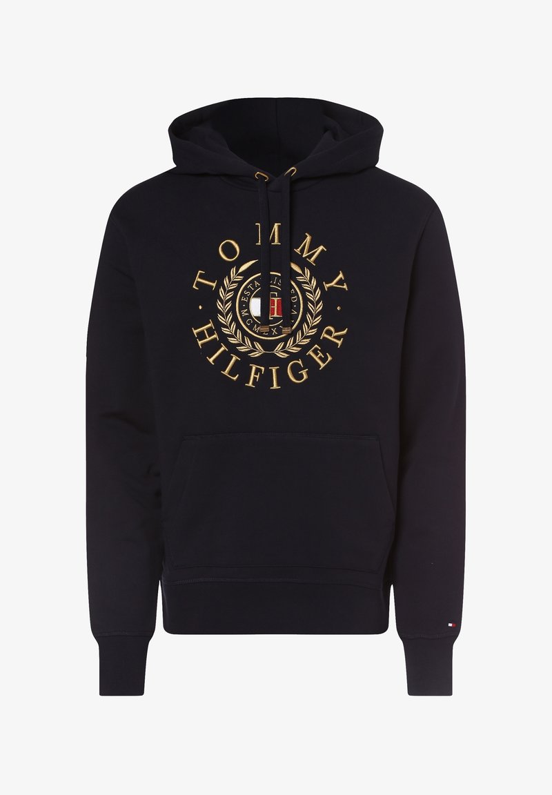Sweat à capuche noir avec logo et emblème dorés Tommy Hilfiger sur la poitrine, poche avant et cordon à la capuche.
