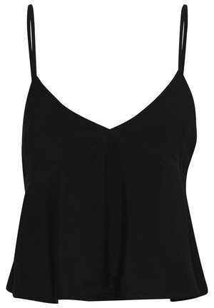 Black sleeveless top with adjustable thin straps, v-neckline, and a flowy design that drapes softly, featuring a textured fabric.