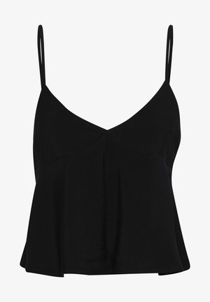 Zwarte mouwloze top met verstelbare dunne bandjes, V-hals en een luchtig ontwerp dat zachtjes valt, met een gestructureerde stof.