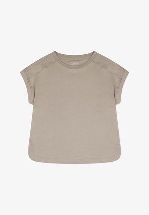 Beżowa bawełniana koszulka z okrągłym dekoltem, krótkimi rękawami i luźnym krojem. Posiada gładką fakturę i subtelne detale w szwie.