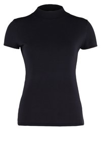 Sort kortærmet højhalset top lavet af et glat, strækbart stof. Har et tætsiddende design og ribbet halsudskæring for et elegant udseende.