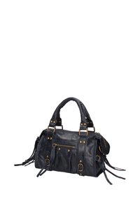 Borsa a tracolla in pelle blu con due manici corti, dettagli in oro, tasca con zip e fascette decorative sui lati.