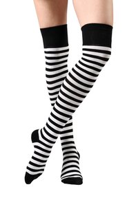 Calze a righe orizzontali in bianco e nero, alte fino al ginocchio, con un bordo superiore nero uniforme e una texture liscia e morbida.