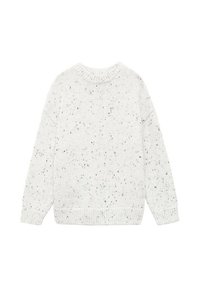 Maglione bianco lavorato a maglia con un motivo testurizzato, caratterizzato da un collo rotondo e un design a spalla cadente. Polsini e orlo a coste.