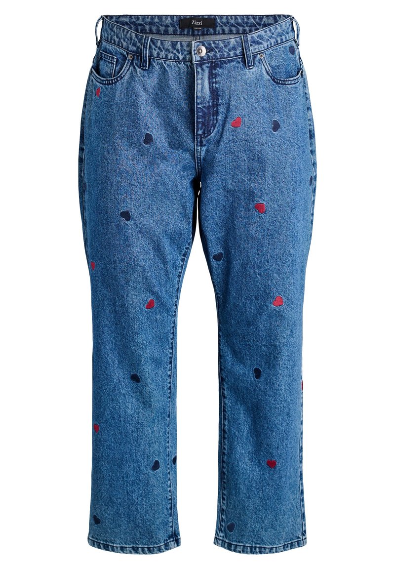 Blauwe spijkerbroek met een rechte pasvorm, voorzien van geborduurde harten in rood en marineblauw. Standaard tailleband met knoop- en ritssluiting.