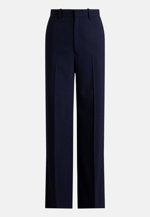 Pantalon bleu marine à coupe droite, doté de plis, dpassants de ceinture et dune texture lisse. Fabriqué dans un tissu léger.