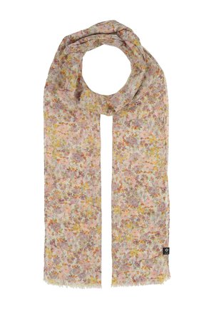 Lightweight scarf with a soft pink, yellow, and purple floral pattern, rectangular shape, and subtle frayed edges.