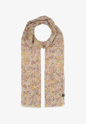 Lightweight scarf with a soft pink, yellow, and purple floral pattern, rectangular shape, and subtle frayed edges.