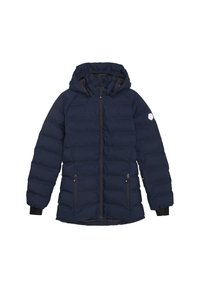 Giacca puffer blu navy con cappuccio, zip frontale e due tasche laterali. Presenta polsini a coste e un piccolo logo bianco sulla spalla.