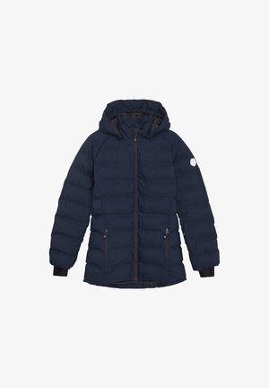 Giacca puffer blu navy con cappuccio, zip frontale e due tasche laterali. Presenta polsini a coste e un piccolo logo bianco sulla spalla.